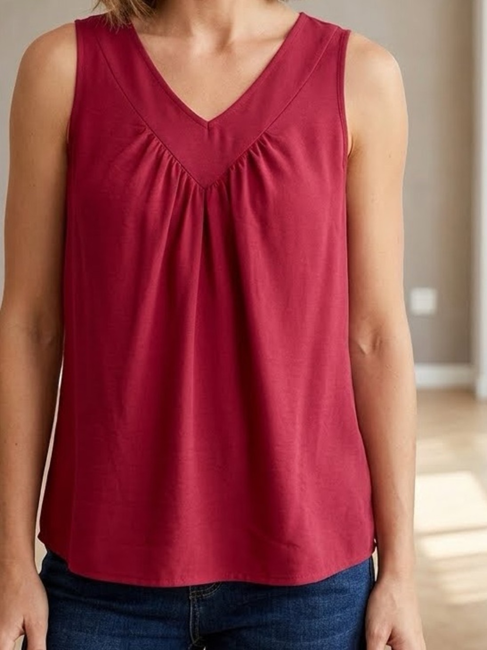 SHEIN Raspberry Red Gathered V-Neck tank